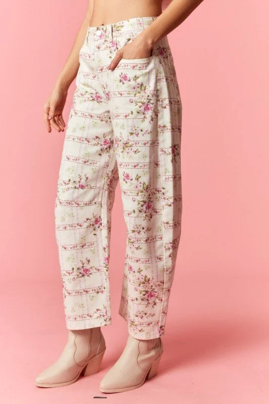 Floral Stripe Flower Print Barrel Denim Jeans
