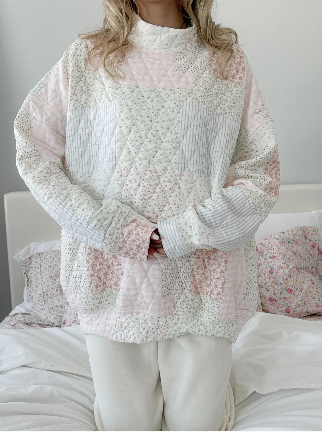 Polly-Quilted Pastel Mockneck Sweatshirt