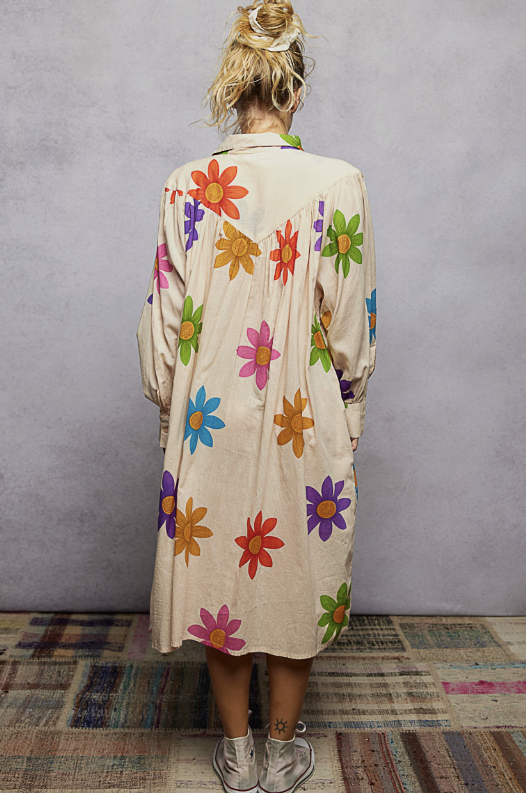 Olive-Floral Print Shirt Dress