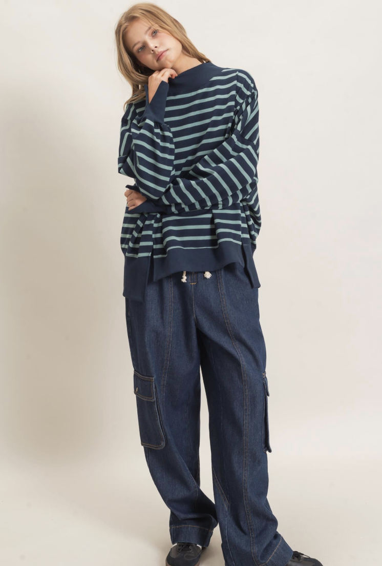 Tammy-Striped Mock Neck Pullover