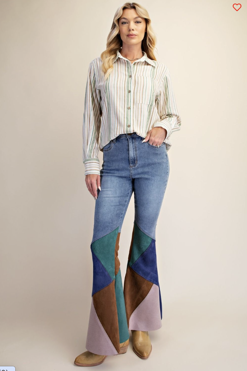 Suede Color Block Flare Jeans