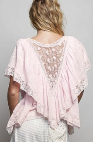 Juliette-Lace Trim Ruffle Top in Pink