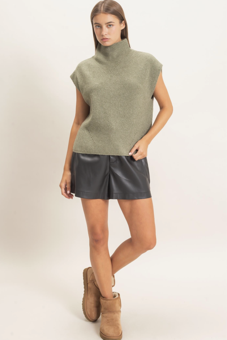 Olive Green Mock Neck Sleeveless Sweater