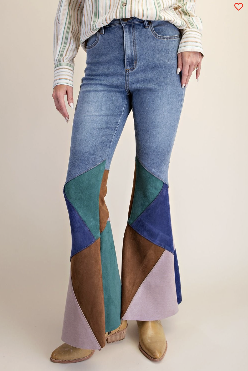 Suede Color Block Flare Jeans