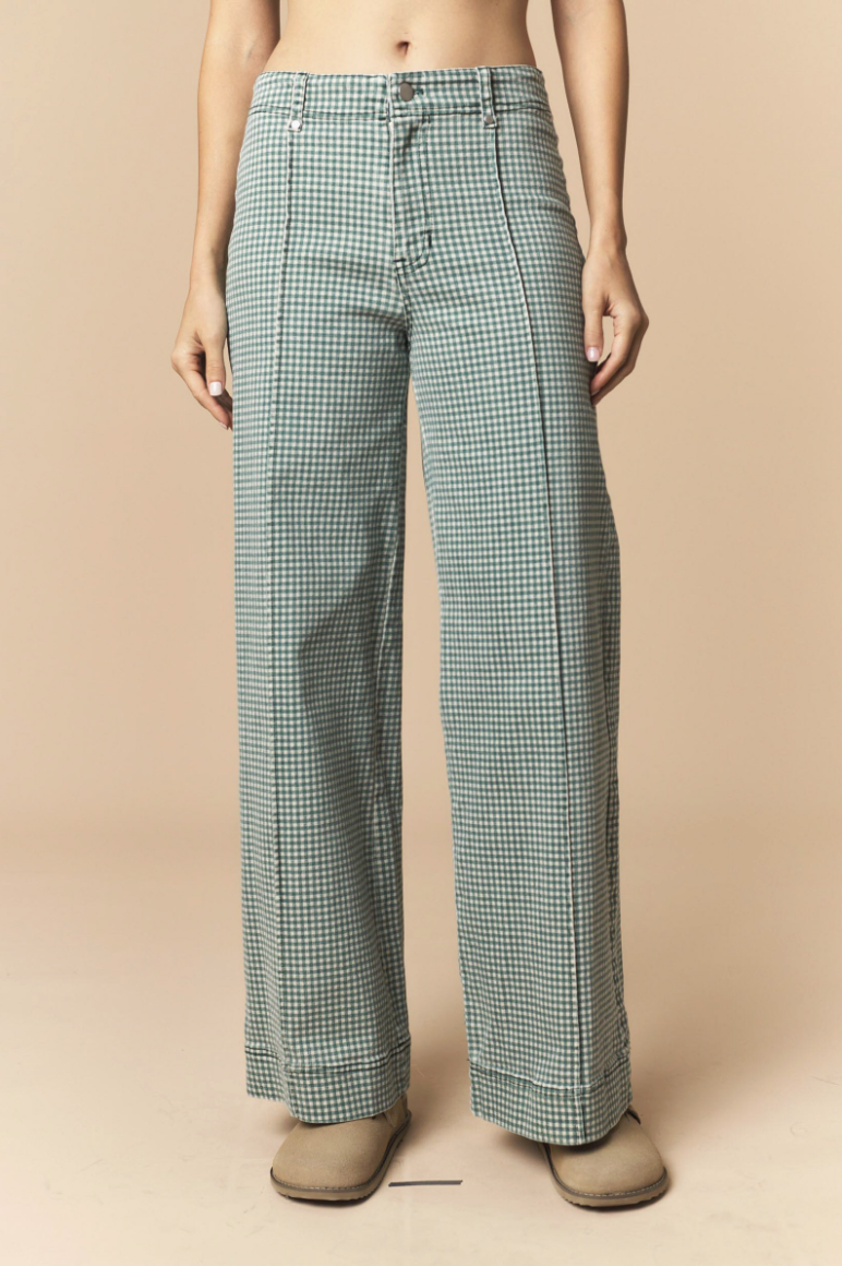 Stretchable Gingham Twill Pintuck Straight Pants