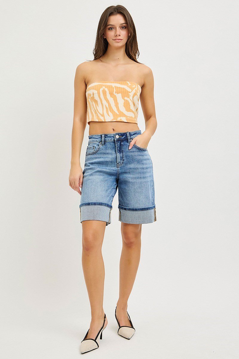 High Rise Mid Length Cuffed Denim Shorts By Risen