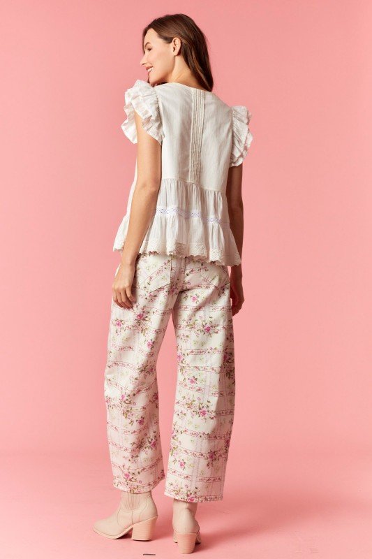 Floral Stripe Flower Print Barrel Denim Jeans