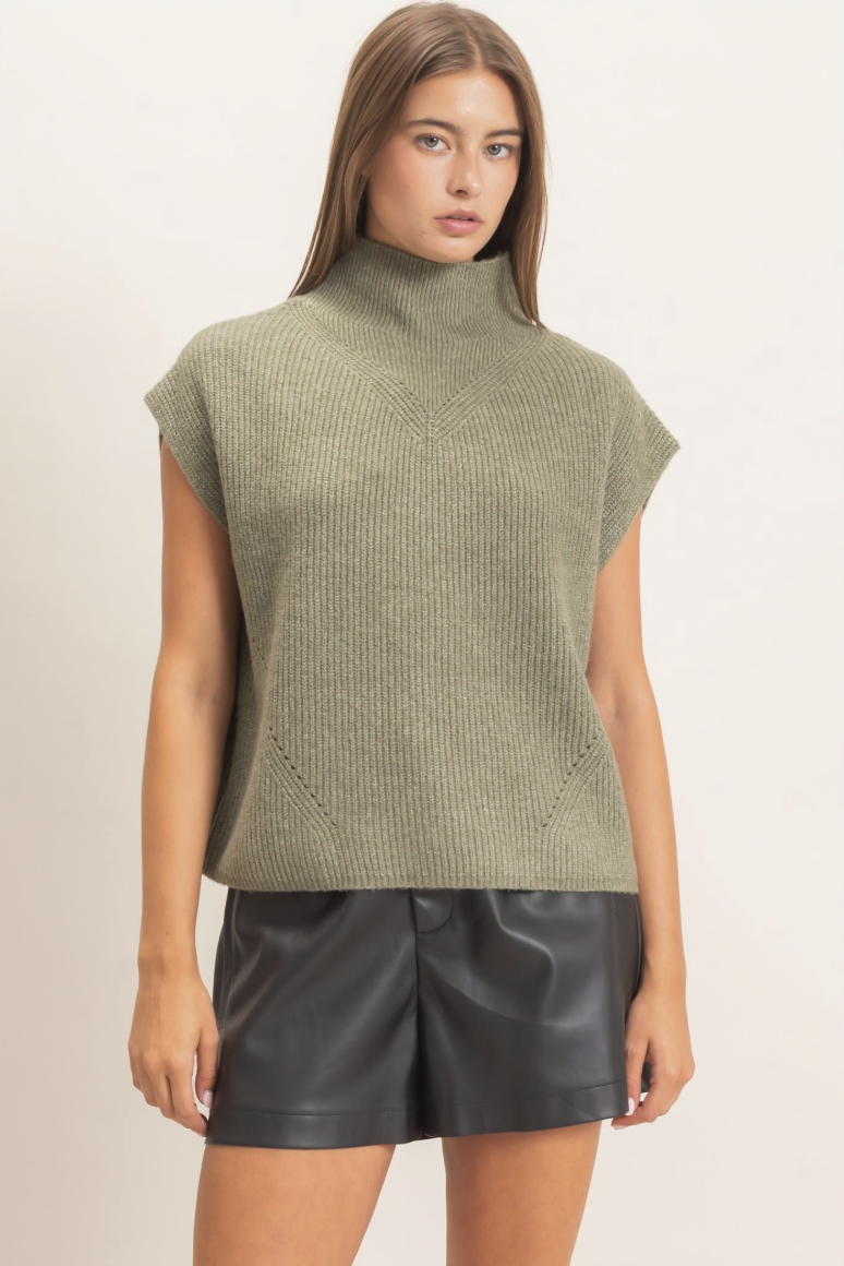 Olive Green Mock Neck Sleeveless Sweater