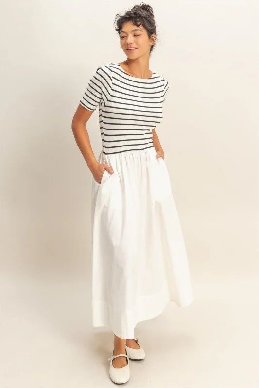 Striped Ribbed Top And Poplin Skirt Midi Dress