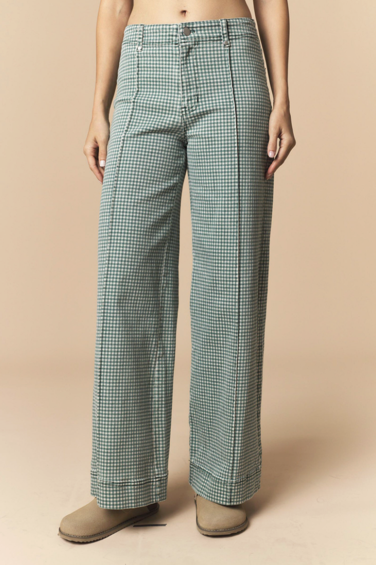 Stretchable Gingham Twill Pintuck Straight Pants