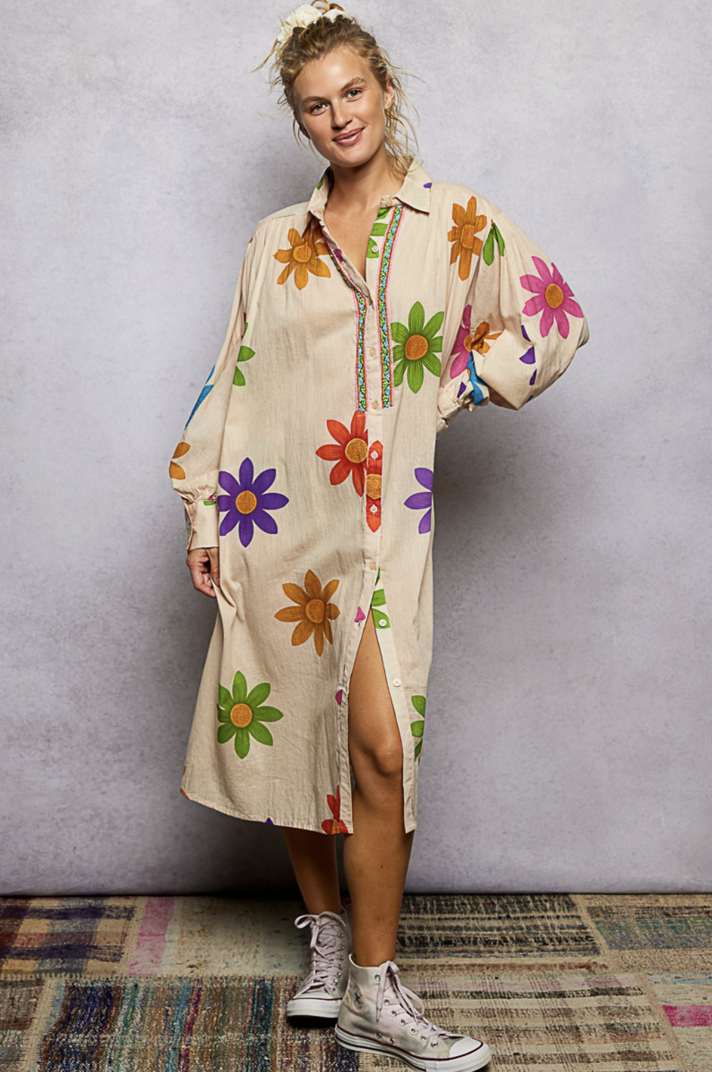 Olive-Floral Print Shirt Dress