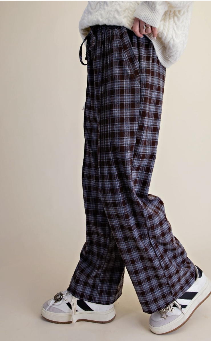 Shawna-Blue and Brown Plaid Wide Leg Pant