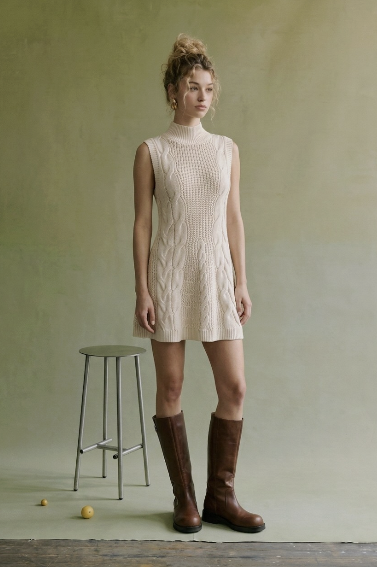 Amber-Cream Cable Knit Mock Neck Mini Dress
