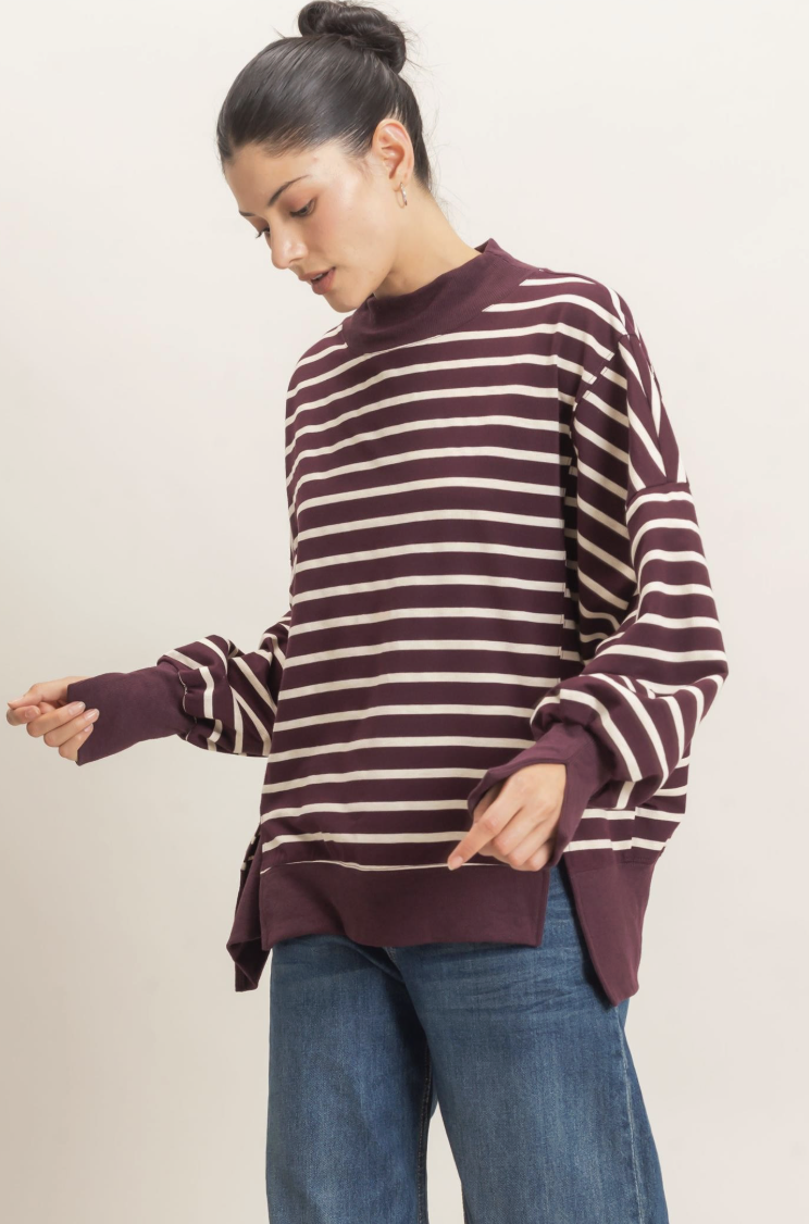 Tammy-Striped Mock Neck Pullover