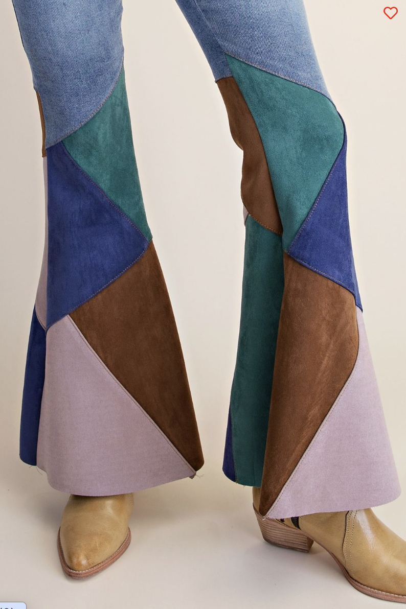 Suede Color Block Flare Jeans