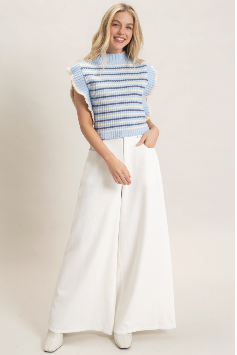 Angela-Striped Ruffle Sleeve Sweater