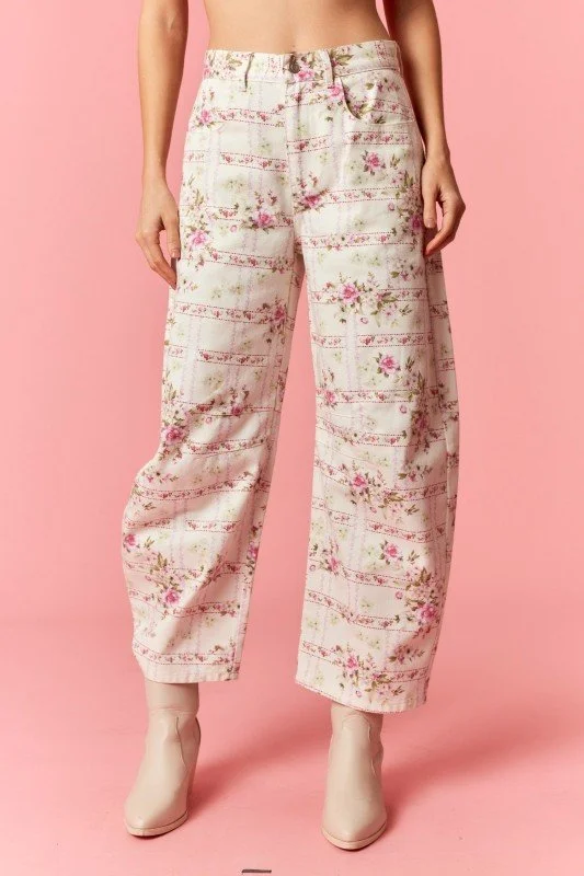 Floral Stripe Flower Print Barrel Denim Jeans