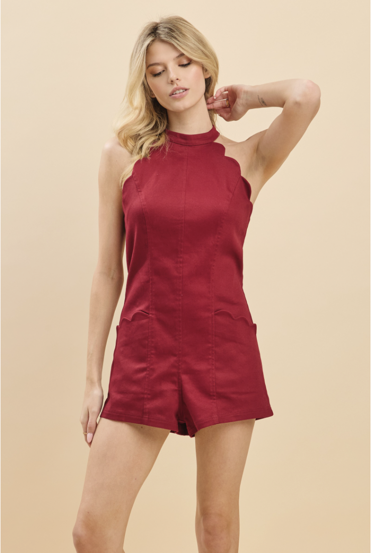 Charlie-Scallop Detail Halter Romper