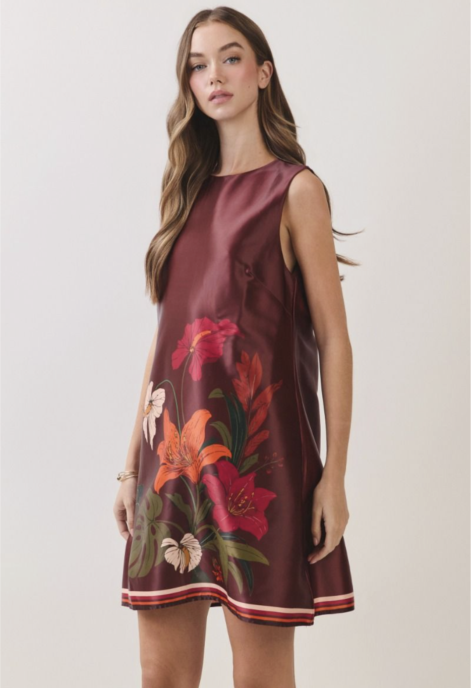 Floral Border Print Satin Mini Dress