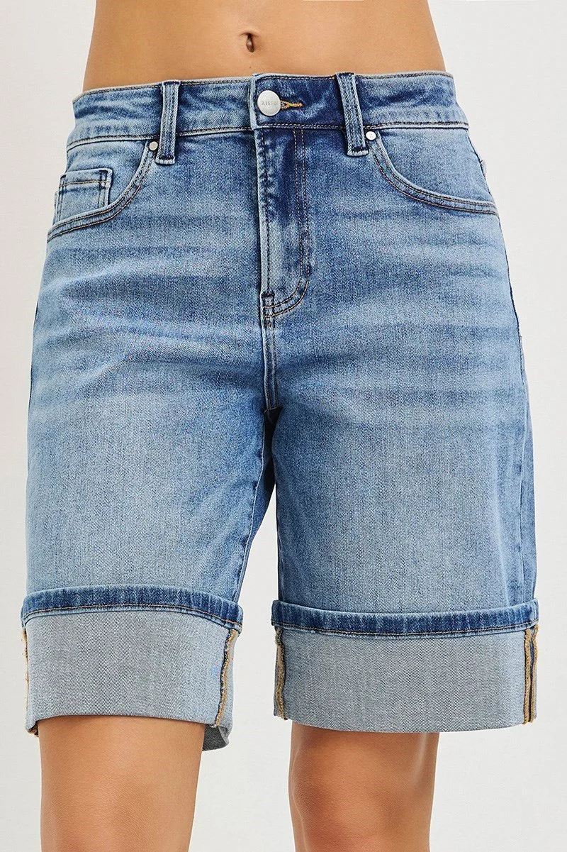 High Rise Mid Length Cuffed Denim Shorts By Risen