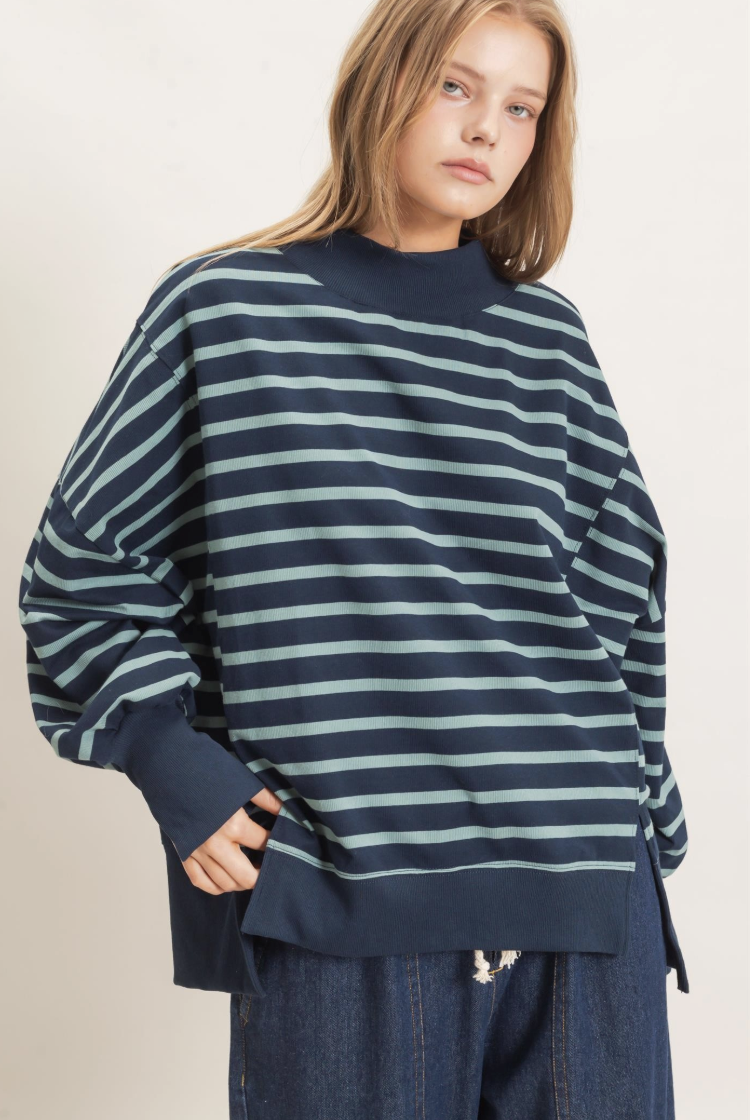 Tammy-Striped Mock Neck Pullover