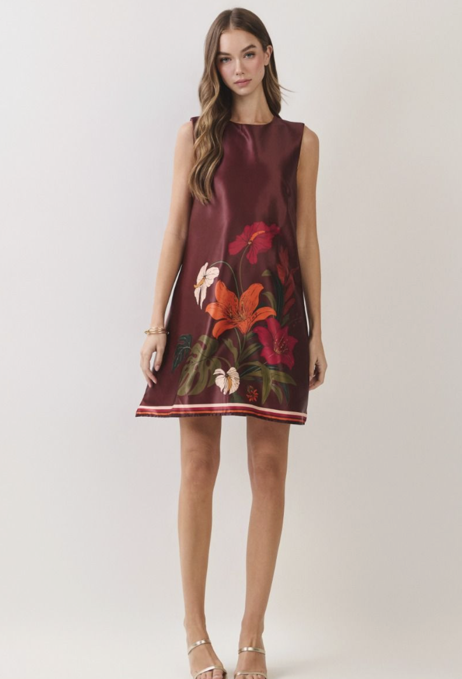 Floral Border Print Satin Mini Dress