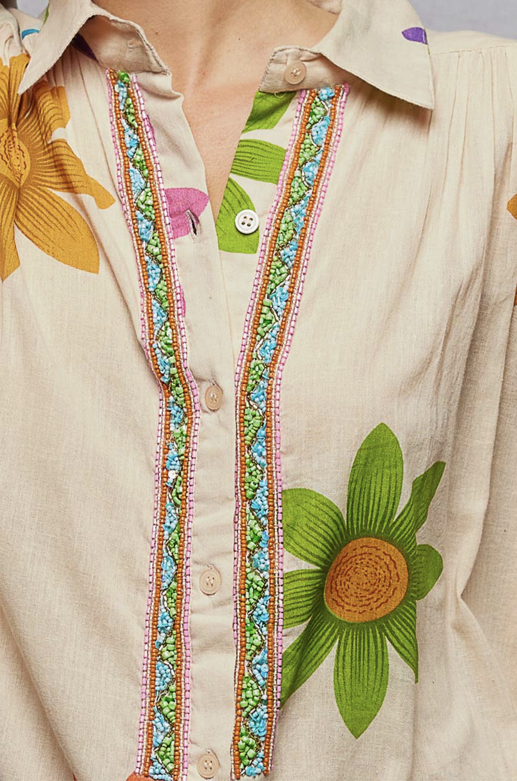 Olive-Floral Print Shirt Dress