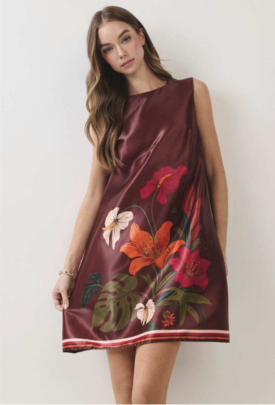 Floral Border Print Satin Mini Dress