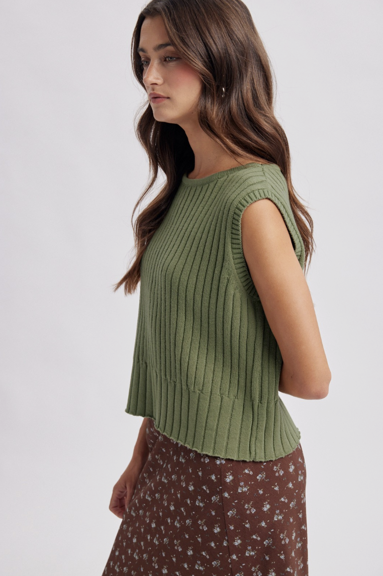 Alexis-Sleeveless Ribbed Sweater Vest In Dusty Olive