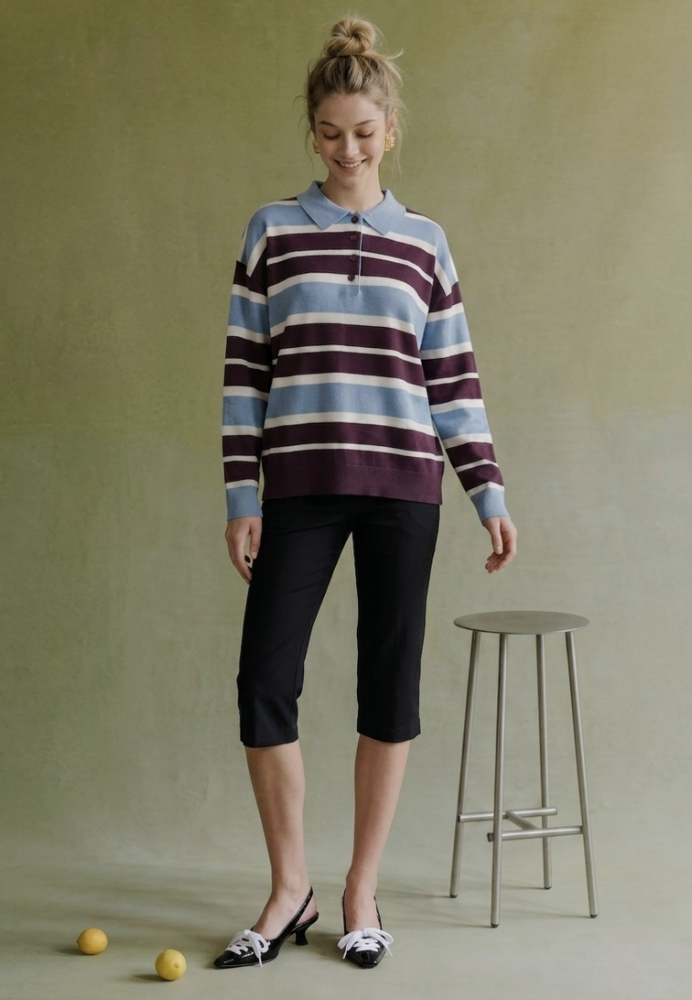 Dora-Multi Stripe Eggplant, Ivory, Dusty Blue Oversized Polo
