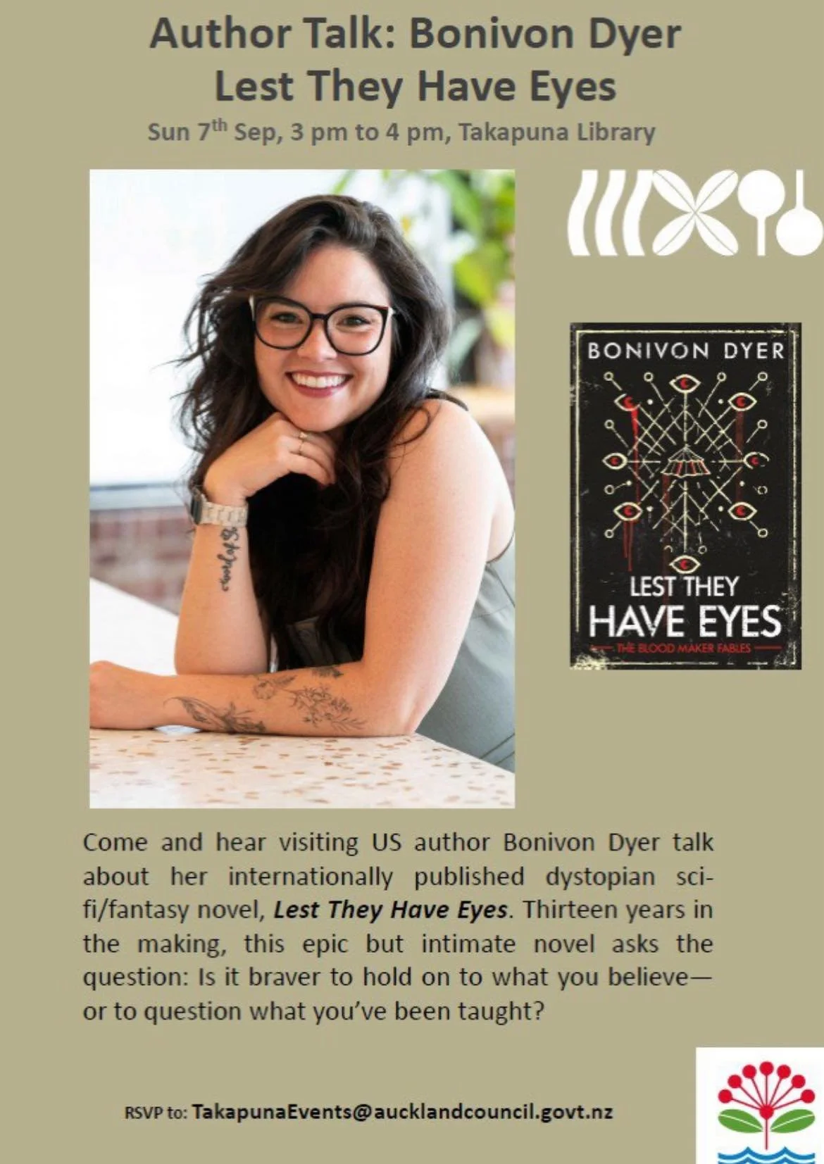 If you're in Auckland this coming weekend, we'd love you to join us for an informative, engaging talk by TCP author, Bonivon Dyer. Bonivon's new book, Lest They Have Eyes, contains subtle faith themes and is highly recommended for Christian and mains