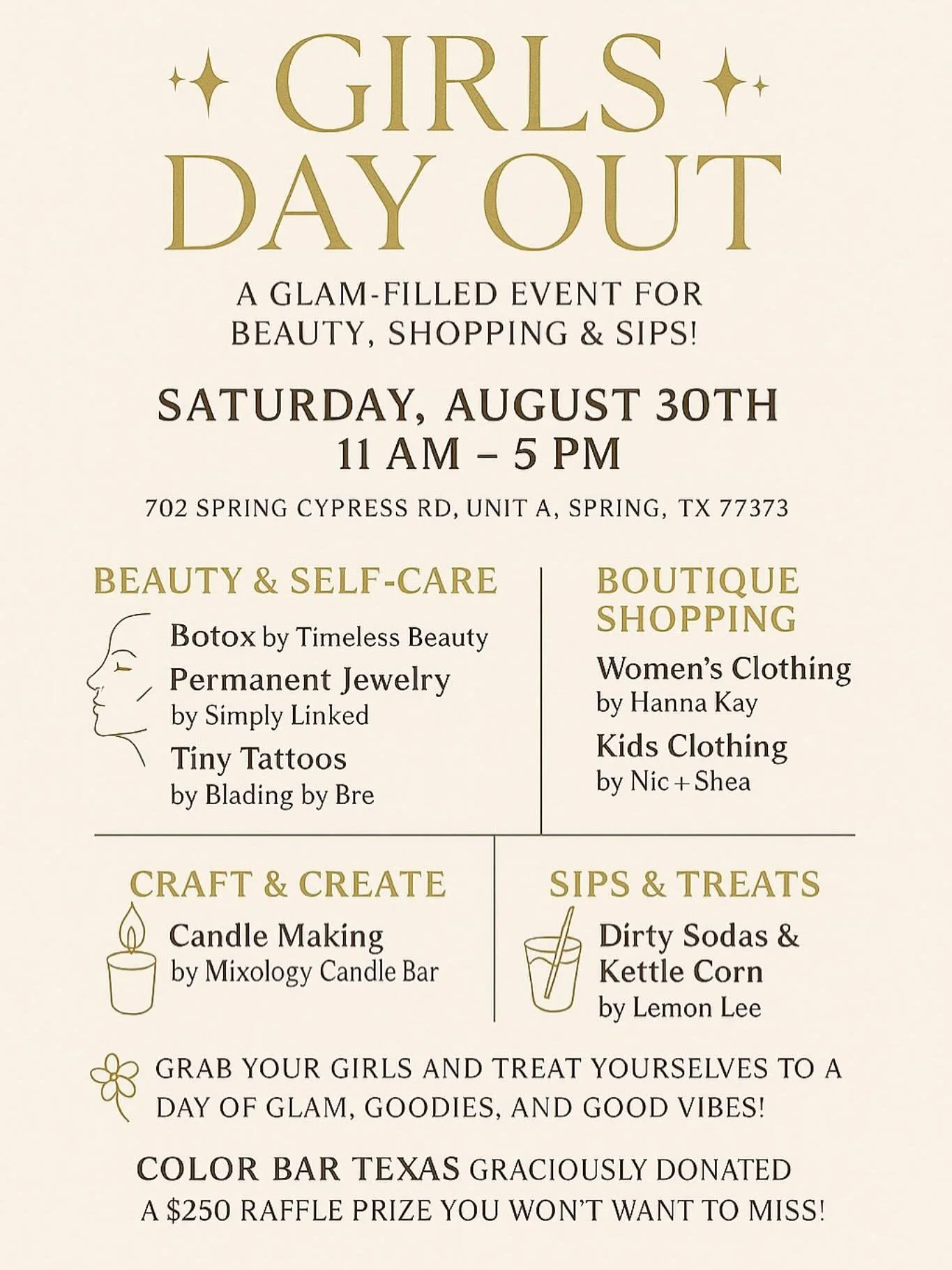 ✨ Grab your girls and join us for a glam-filled Girls Day Out! 💄🛍️ From beauty + shopping to candle making and sweet treats, it’s the perfect Saturday vibe. Don’t miss out on the $250 raffle prize too! 🌟 August 30th | 11AM–5PM |