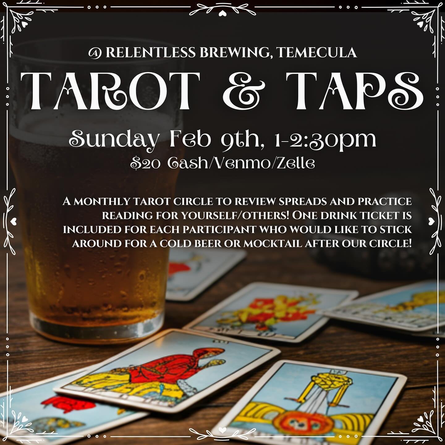 🌙 We&rsquo;re back, baby! Excited to be hosting Tarot &amp; Tap Sundays at @relentlessbrewing 🍺

Join us for a magical afternoon of intuition, connection, laughs, and craft brews! 🍻

When: Sunday 2/9 from 1-2:30pm
Tickets Include:
🔮 A spot in the
