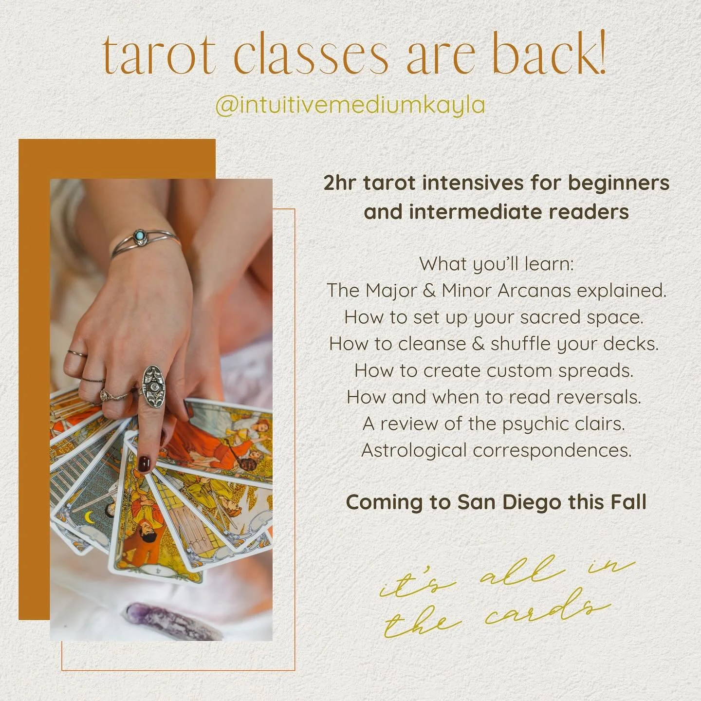 Ringing in the magical season with one of my favorite classes. Dates &amp; venues will be shared soon 🍁 Excited to be back in the flow!  Virtual classes and Tarot Parties will also be available - DM for a consultation.