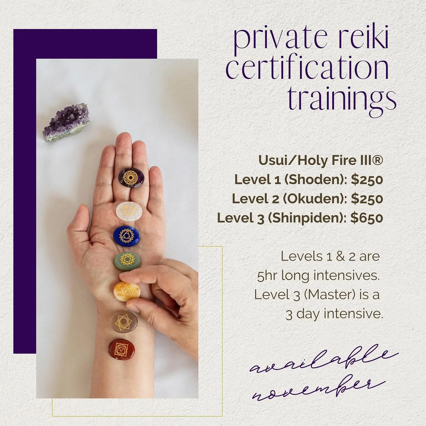 🌀 Private &amp; group trainings will be available again starting this November! Private certifications will be hosted in our San Diego reiki room and group/couples trainings will be conducted in a larger studio. If you&rsquo;d like to learn more abo