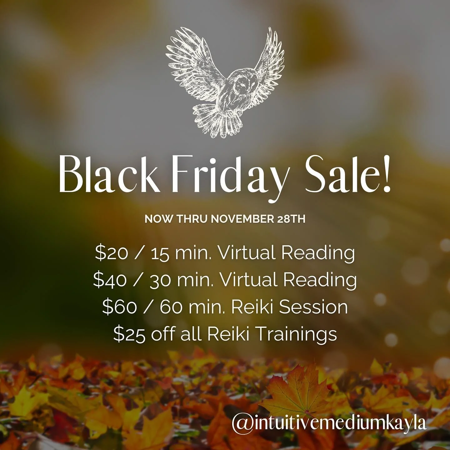 ✨ Black Friday starts now!✨

Unlock exclusive Black Friday deals on Tarot Readings and Reiki Sessions/Trainings! Whether you&rsquo;re seeking clarity, energy alignment, or the perfect meaningful gift, this is the best time to book. Virtual and in-per