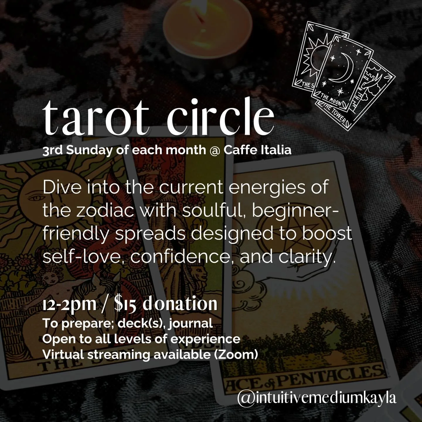 Tarot Circle is back THIS Sunday, February 15th! Whether you&rsquo;re a new or seasoned card slinger, this workshop is your transformative space to explore, learn, and connect with your community. Each month, we&rsquo;ll dive into the current zodiac 