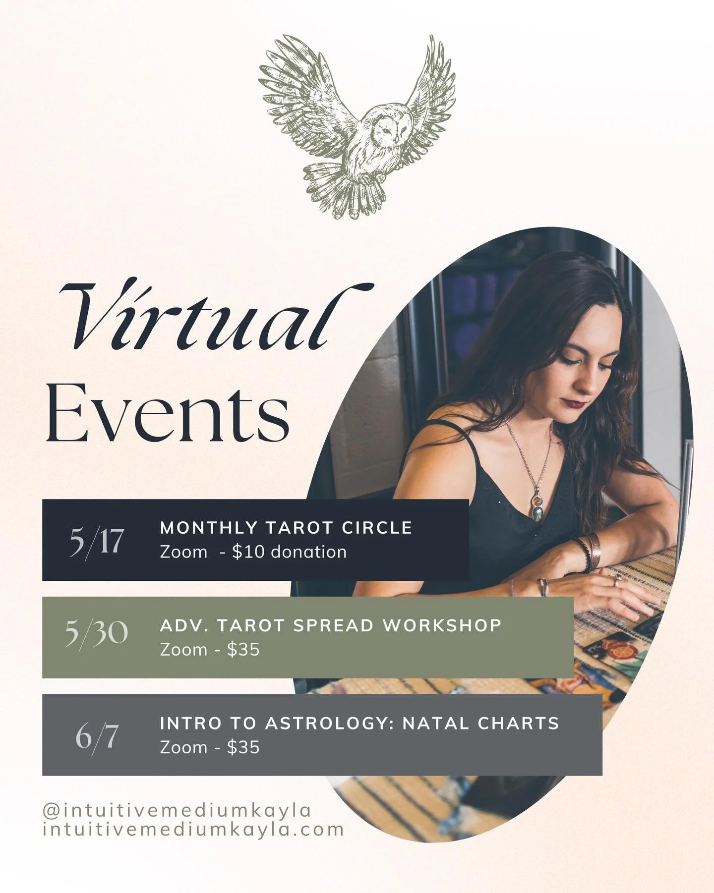 Wednesday will be my last day of readings until the middle of the month. Until then, mark your calendars for some upcoming virtual classes and workshops that I&rsquo;ll be hosting on Zoom to kick off the summer! Feel free to DM if you&rsquo;d like to