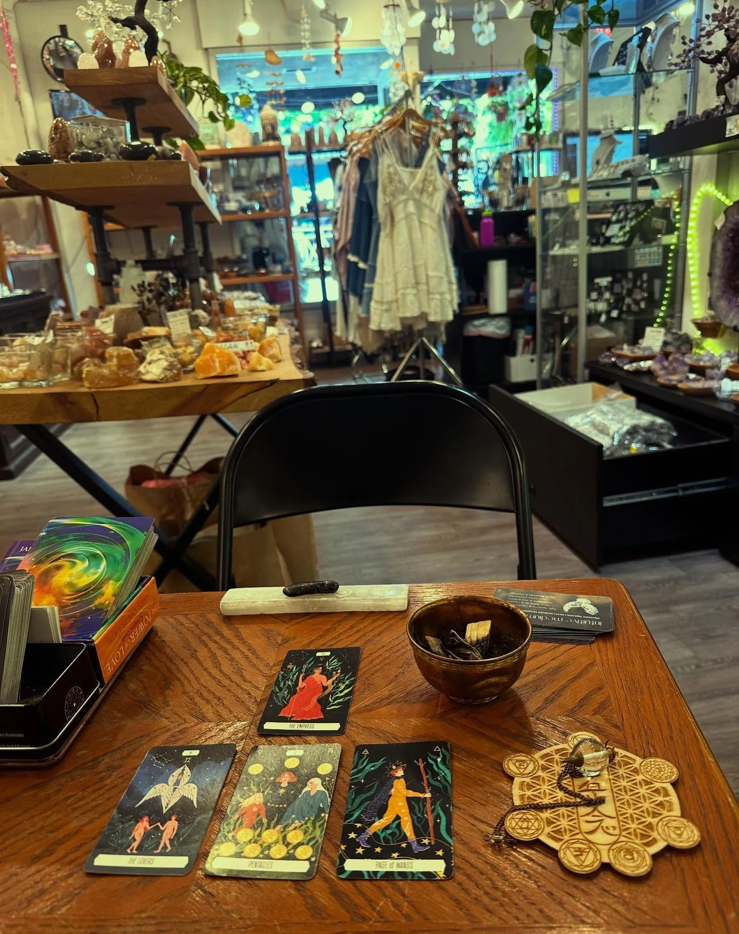 Missed my magical little &ldquo;office&rdquo; view. Back at @earthselements for readings this week for select hours today, Friday &amp; Sunday! DM to be added to the list, or check my stories for service hours. It&rsquo;s good to be back out in the S