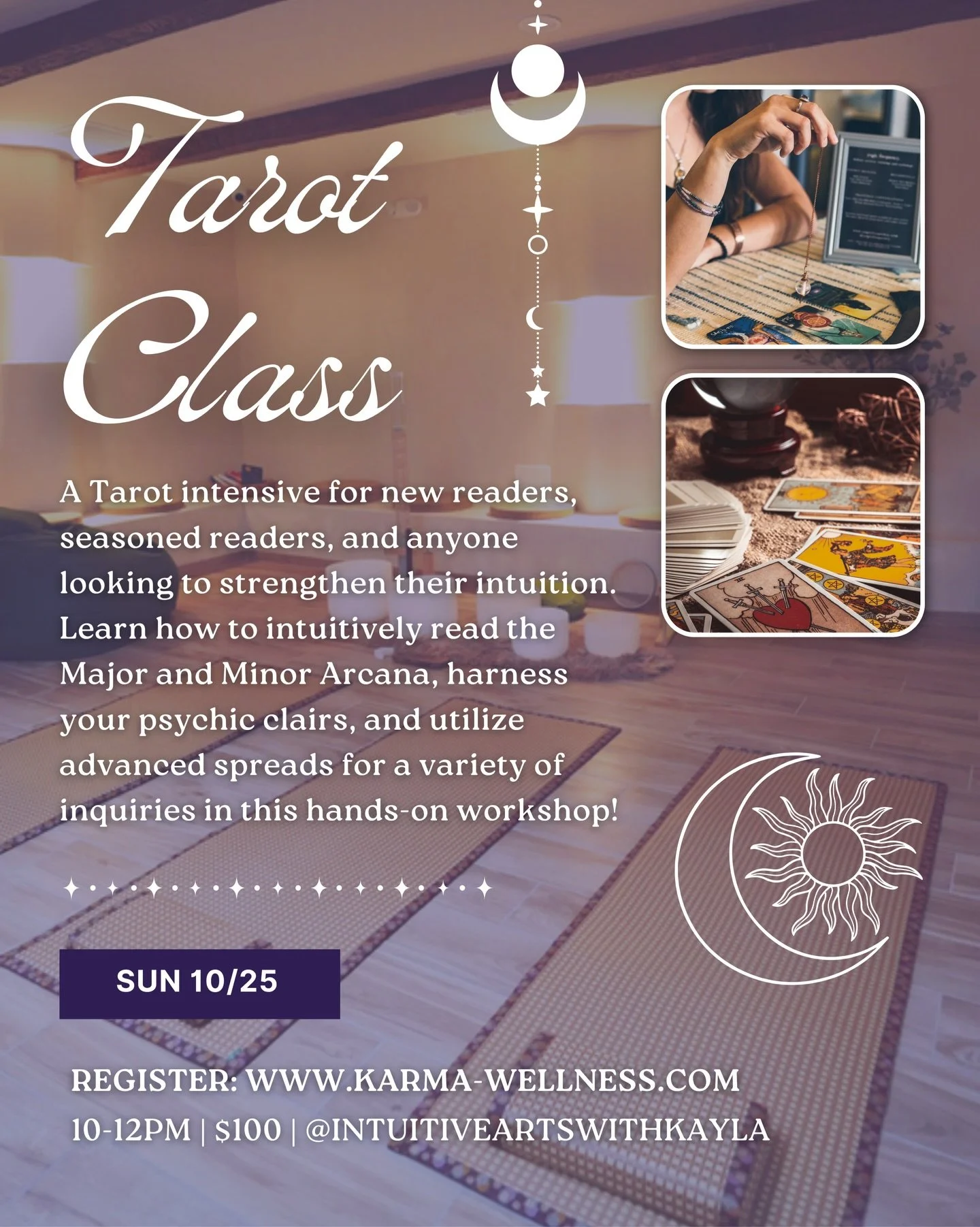 SPOOKY SEASON IS CALLING! 🖤

Ready to take your tarot practice beyond memorizing card meanings?

Join me at Karma Wellness for a Tarot Intensive designed for brand-new readers, seasoned readers, and anyone looking to strengthen their intuition.

Whe