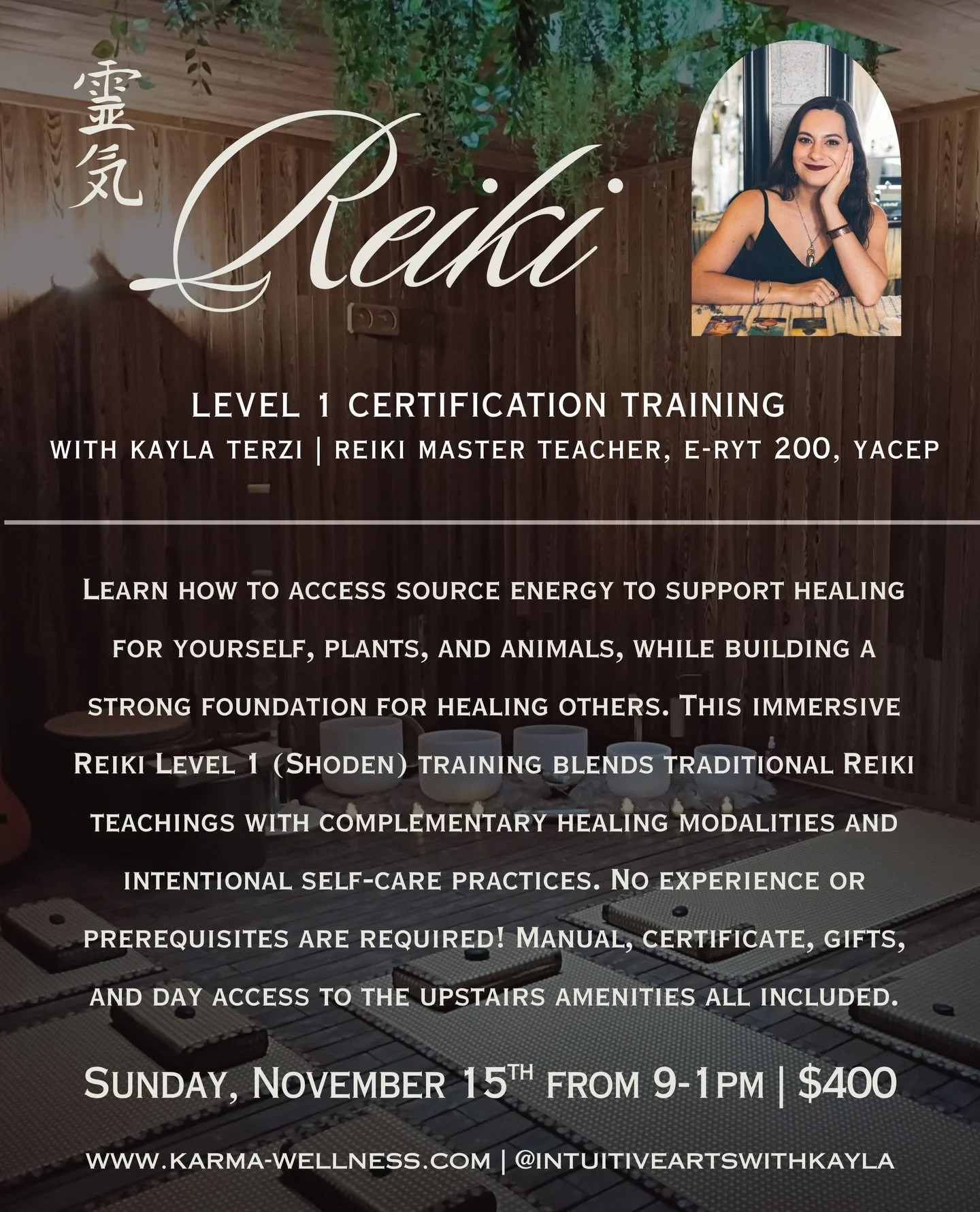 Coming soon to Karma Wellness - Reiki Certification Trainings!

Reiki Level I (Shoden) is where your journey begins. In this immersive group certification training, you&rsquo;re introduced to the fundamentals of energy work and learn how to use Reiki