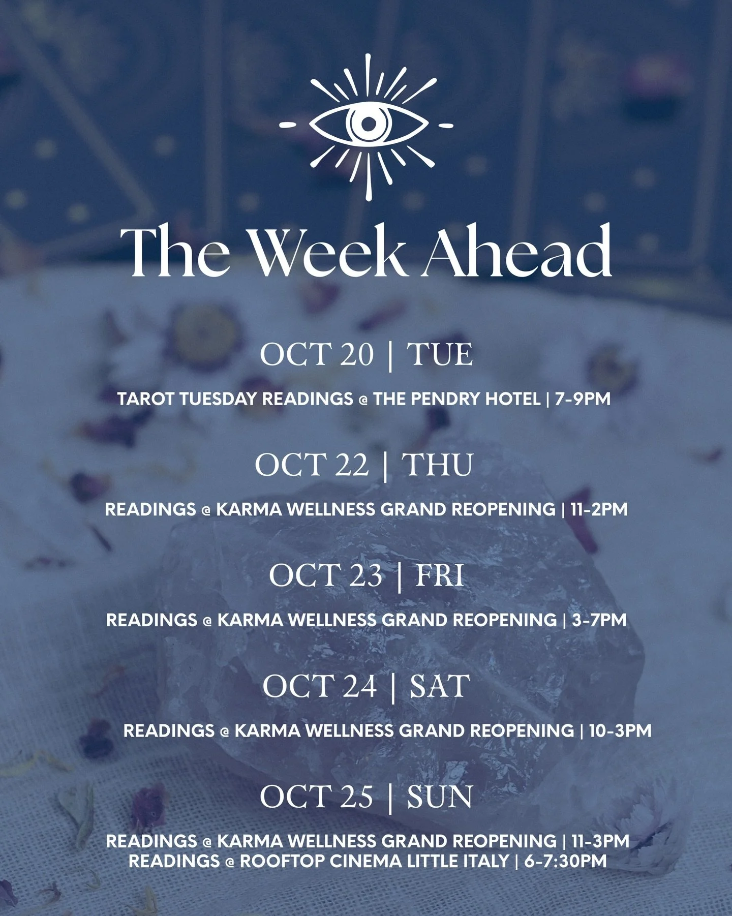 Spooky season keeps me BUSY! Check out this week&rsquo;s lineup of events, including the grand reopening of @karmawellnesssd ✨

For just $80, enjoy access to all the incredible spa amenities, PLUS a FREE single-question reading with yours truly and s