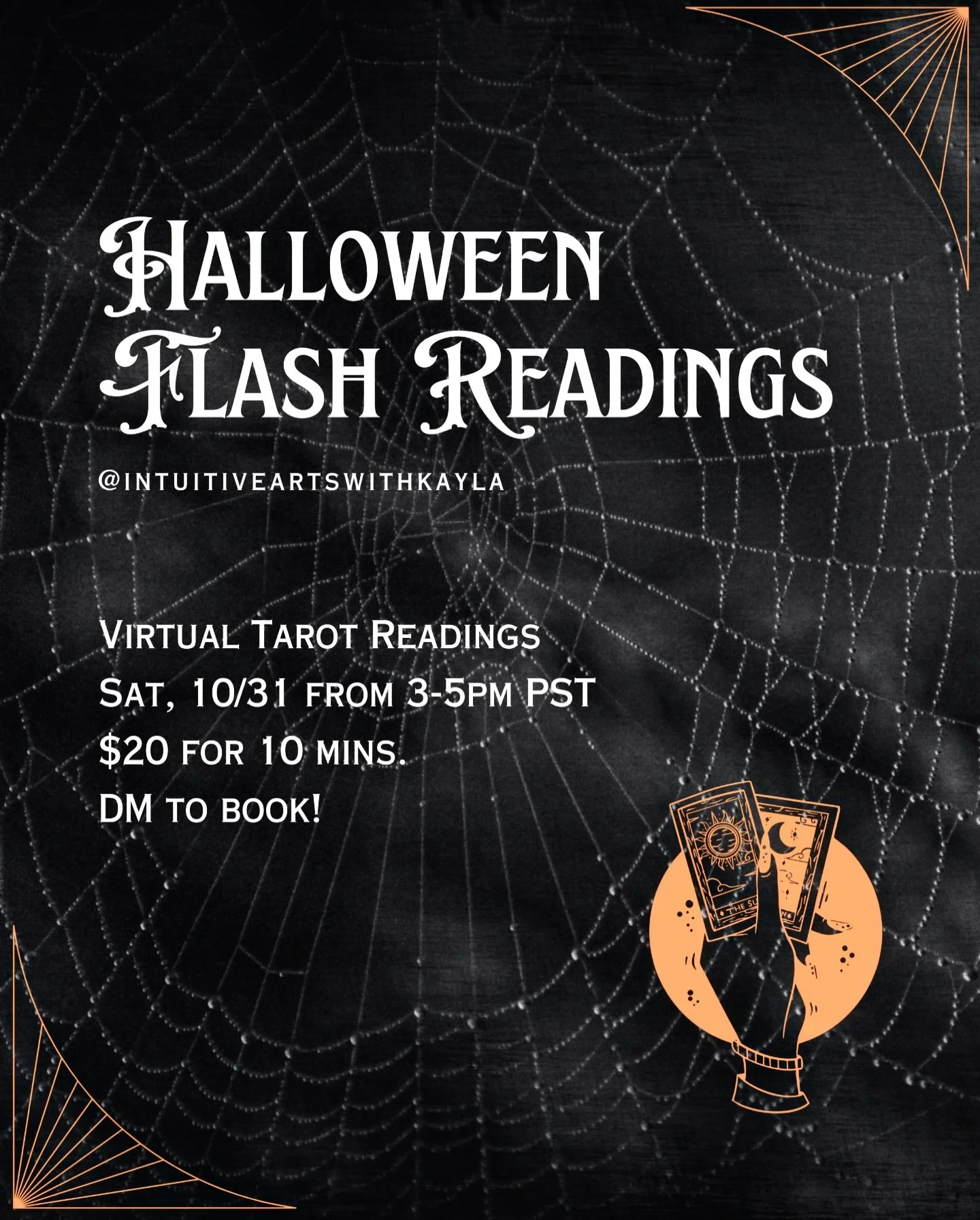 🕸️ You asked for it&hellip;

I&rsquo;m opening up a very limited number of virtual tarot readings this Halloween from 3&ndash;5 PM PST!

Flash readings are a once-in-a-blue-moon kind of thing, so if you&rsquo;ve been curious about booking a session,