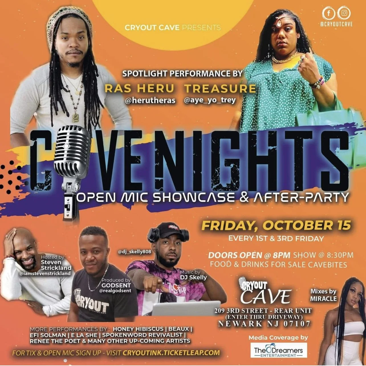 Flyer for C Nights open mic showcase and after-party at Cryout Cave, Newark NJ. Features Ras Heru Treasure and other performers, with date October 15. Includes photos of performers, event details, location, and media coverage info.
