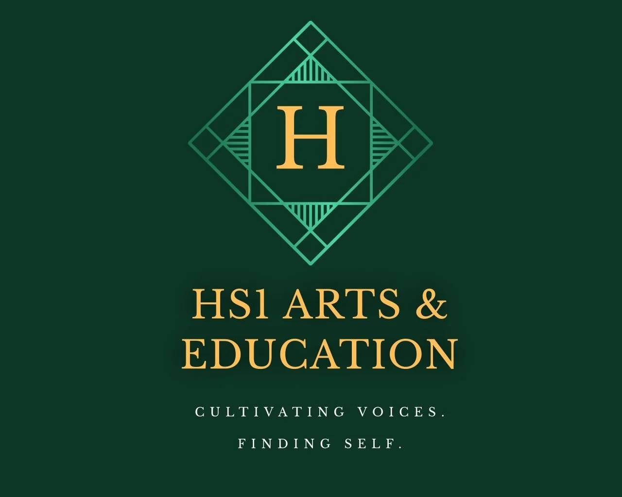 Logo for HS1 Arts & Education with a decorative green and gold design, featuring a large 'H' in the center, and the tagline 'Cultivating Voices. Finding Self.'