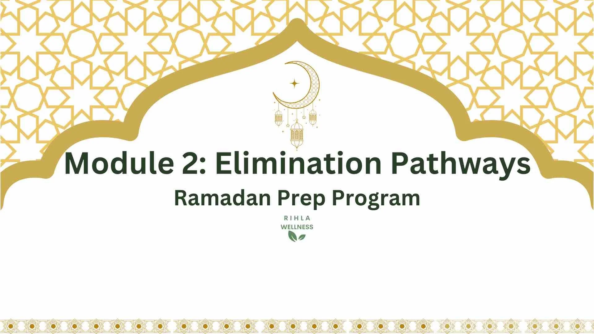 Overview of Module 2: Elimination Pathways for Ramadan Prep Program, with decorative Islamic patterns and a crescent moon with hanging lanterns in gold and white colors.