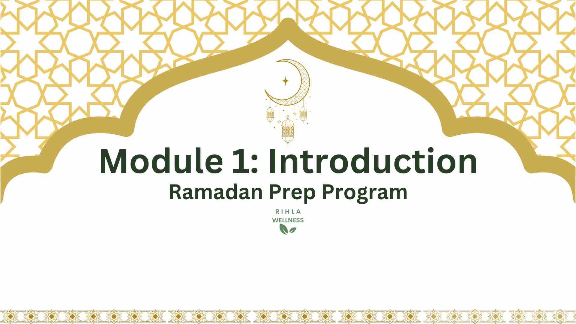 A decorative banner for a Ramadan prep program titled "Module 1: Introduction" with Islamic geometric patterns, a crescent moon, star, and hanging lanterns at the top, plus a border of stars at the bottom.