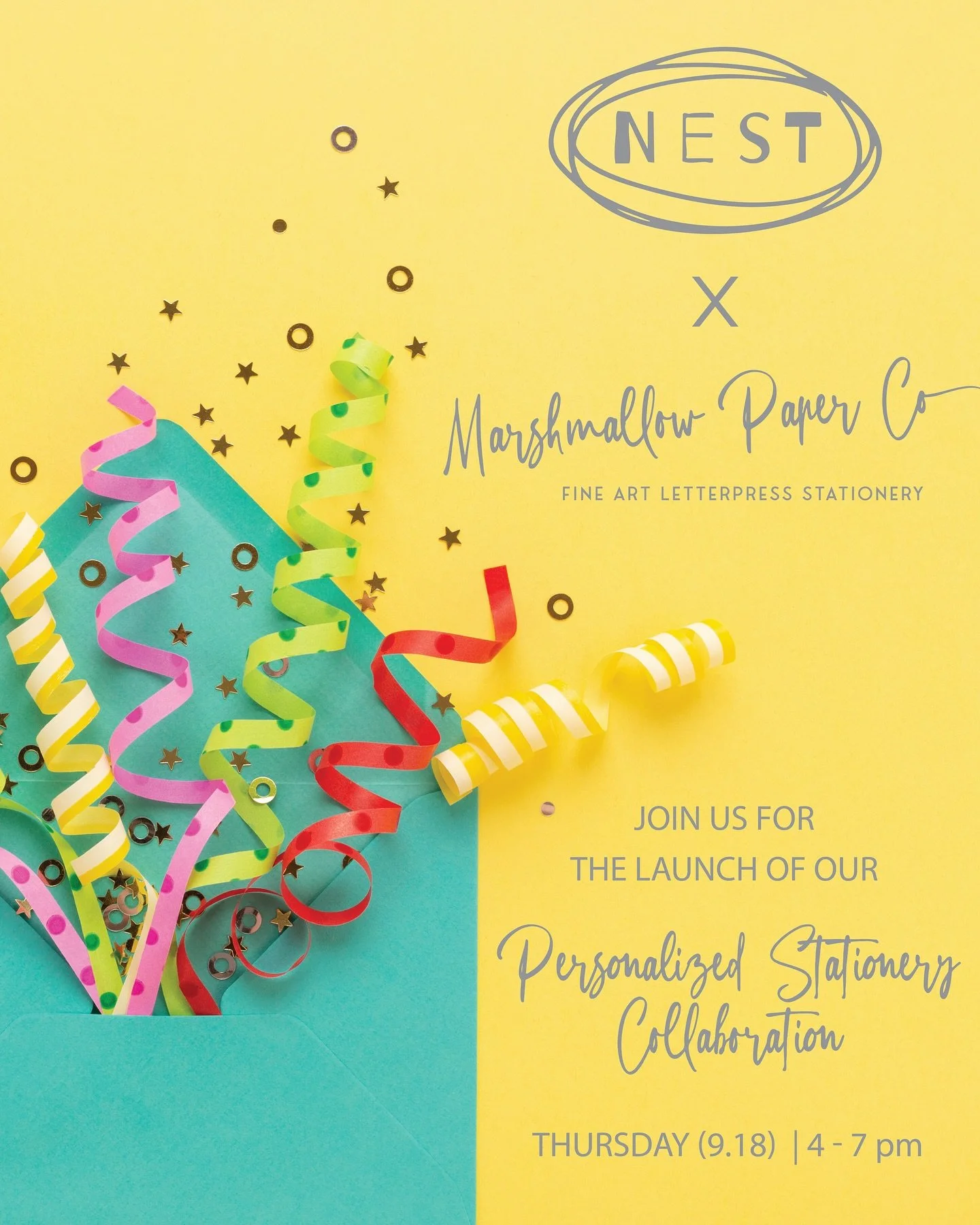 🎉 You&rsquo;re invited to celebrate the launch of the personalized stationery collection by Nest and Marshmallow Paper Co.! 🎉 

When: Thursday, September 18th from 4-7pm
Where: Nest - 523 Prince Ave., ATH

Come and see what we&rsquo;ve been working