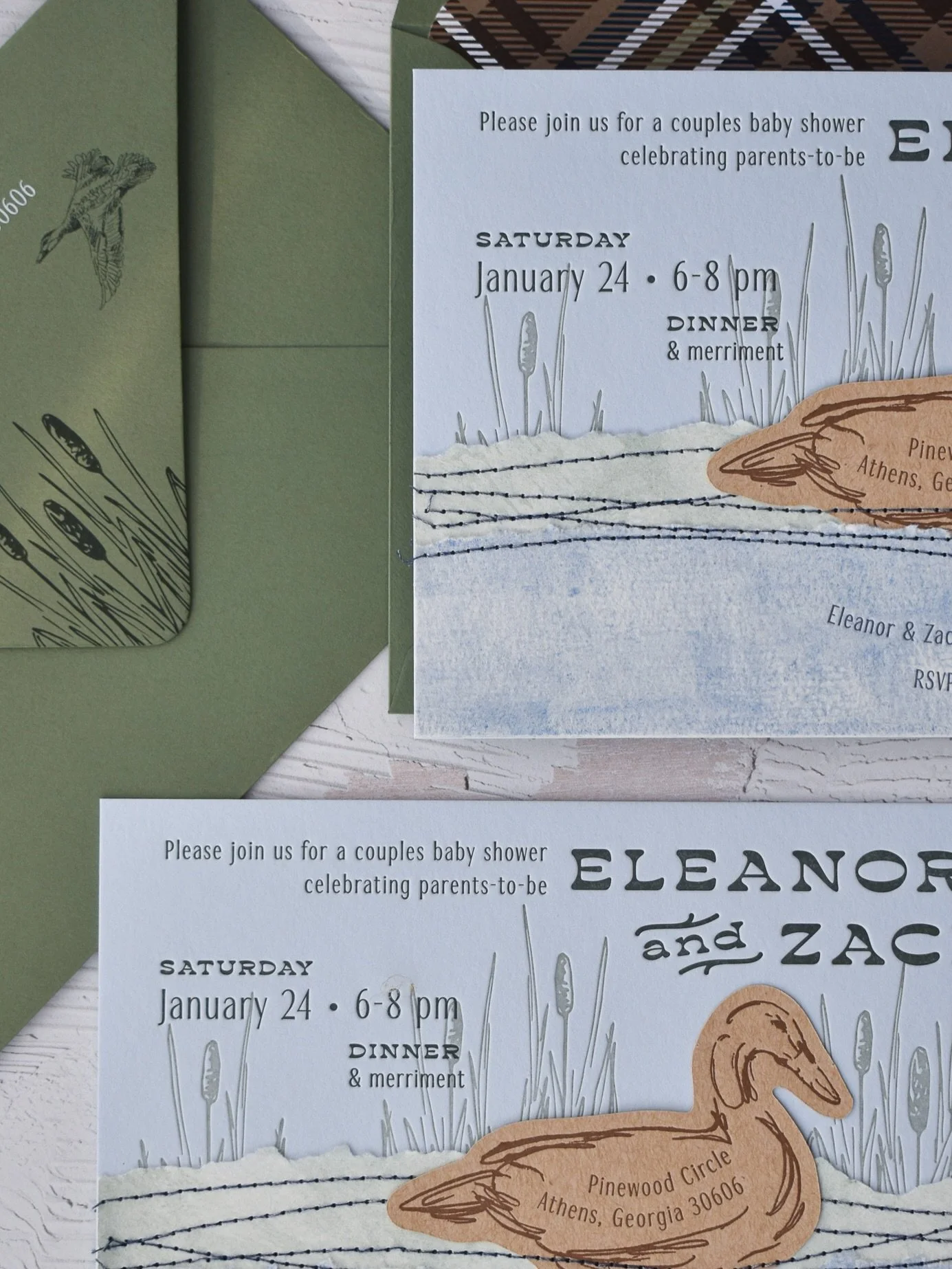 An exciting mail #delivery before the delivery date! 👶🍼

This one was a true ~labor~ of love - featuring hand torn watercolored strips that were stitched around the die-cut duck to create a sense of &ldquo;moving&rdquo; water. A memorable invite fo