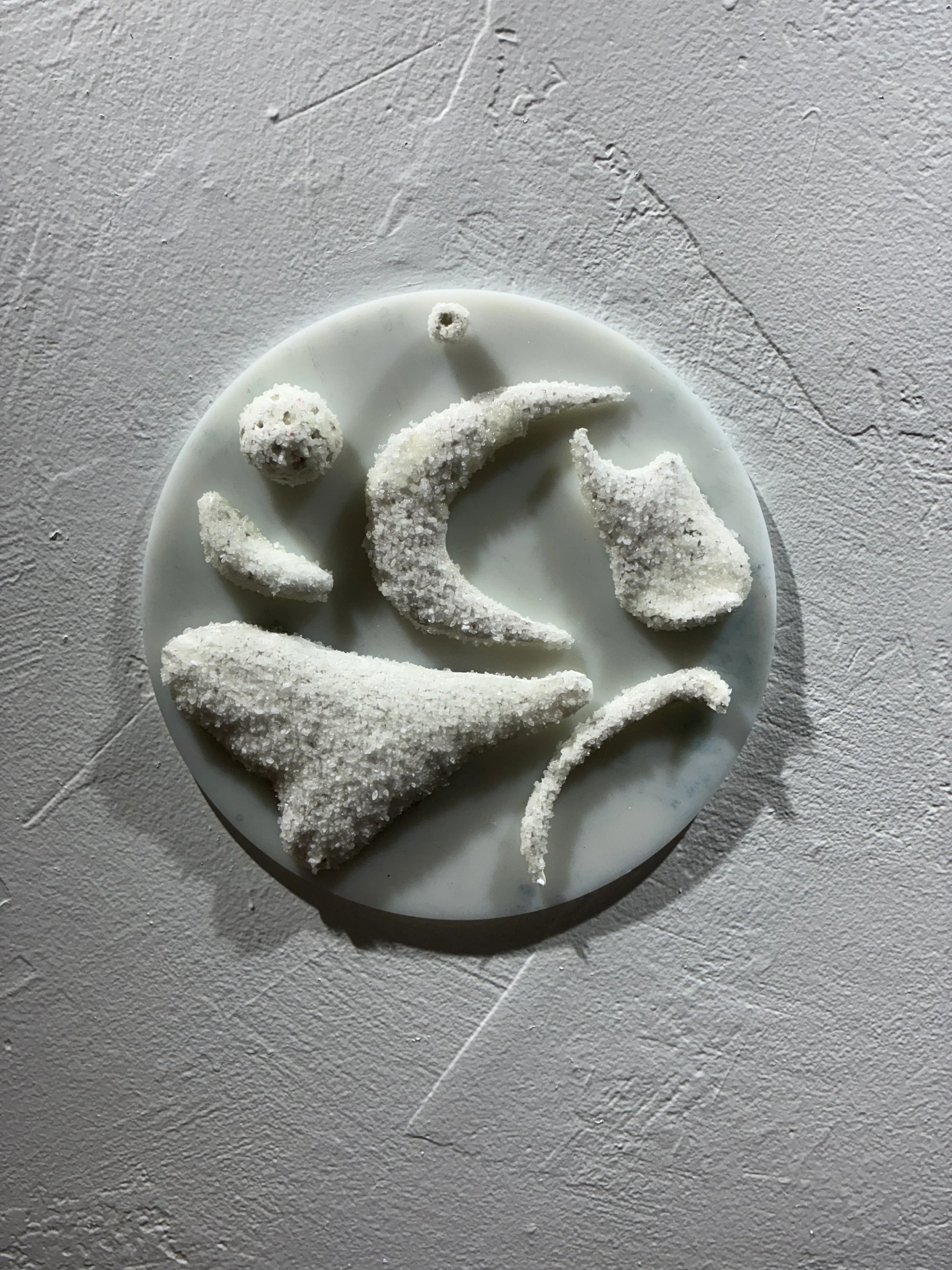 "unimatrix zero point thirty-three," foam clay & sea salt on acrylic disk, 2026	